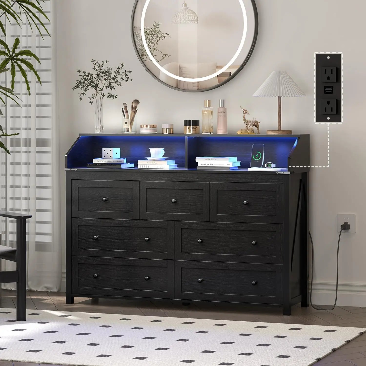 EVIE Rustic LED Bedroom Dresser – 4 Drawer Wooden Storage Chest with Open Shelf | 47.2'' W