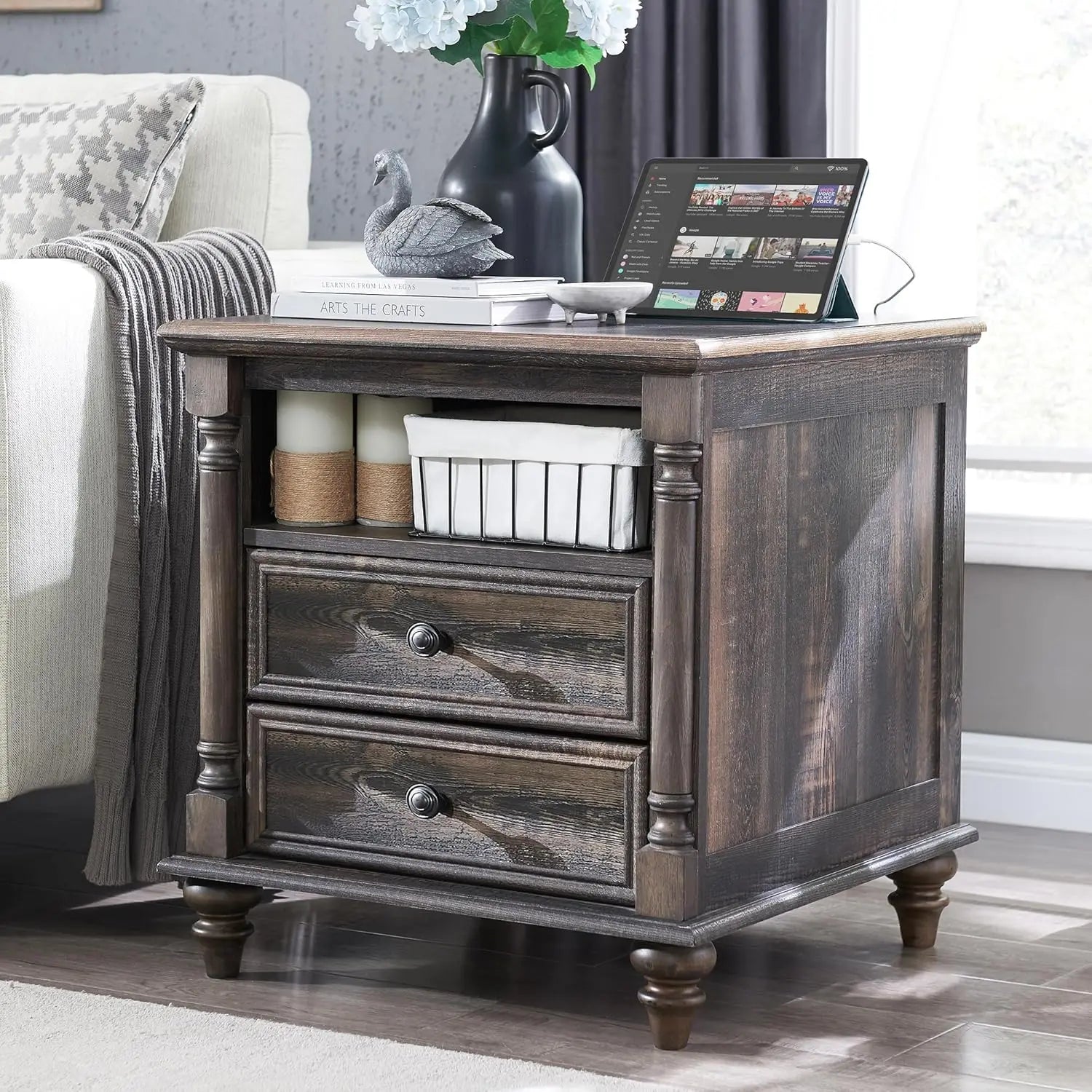 PAYTON Farmhouse End Table - Rustic Wood Nightstand with Charging Station