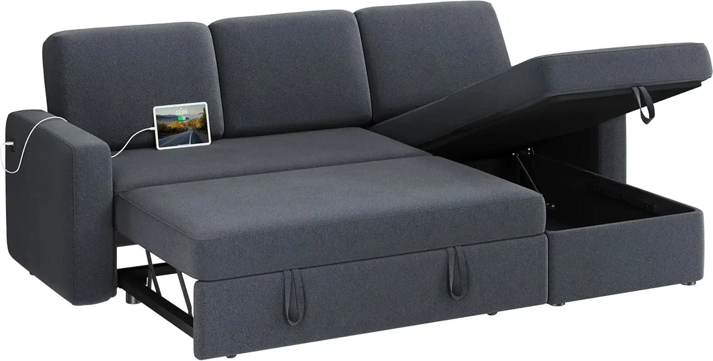 SEBASTIAN Modern Sectional Sofa with Chaise, USB, Pull-Out Bed & Storage - 80.5"