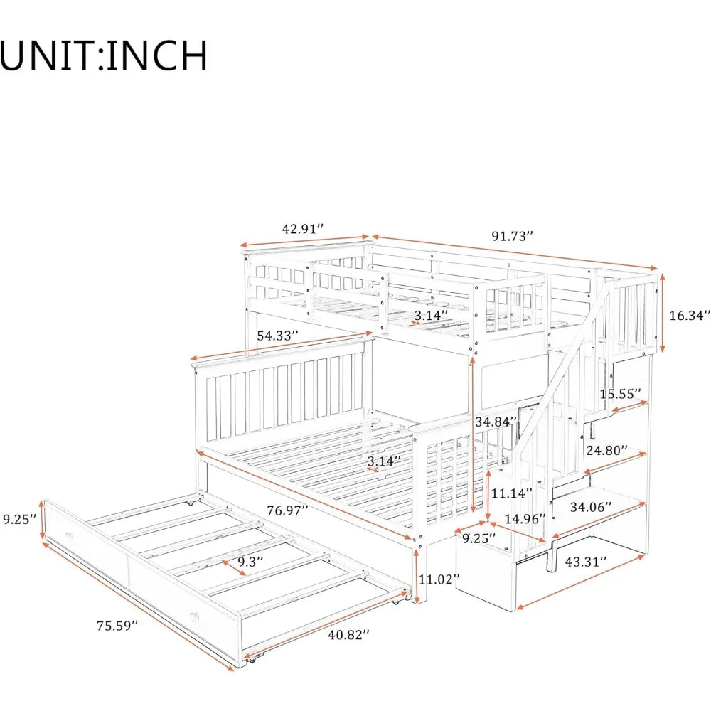 ELEANOR Modern Twin Over Full Bunk Bed with Storage Stairway and Drawers