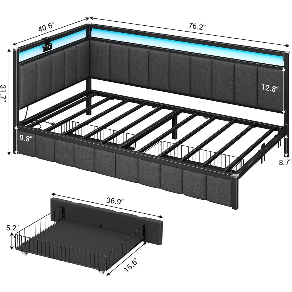 Kya Modern Upholstered Corner Bed Frame | Twin Size 40.6" Wide Daybed with LED Lights