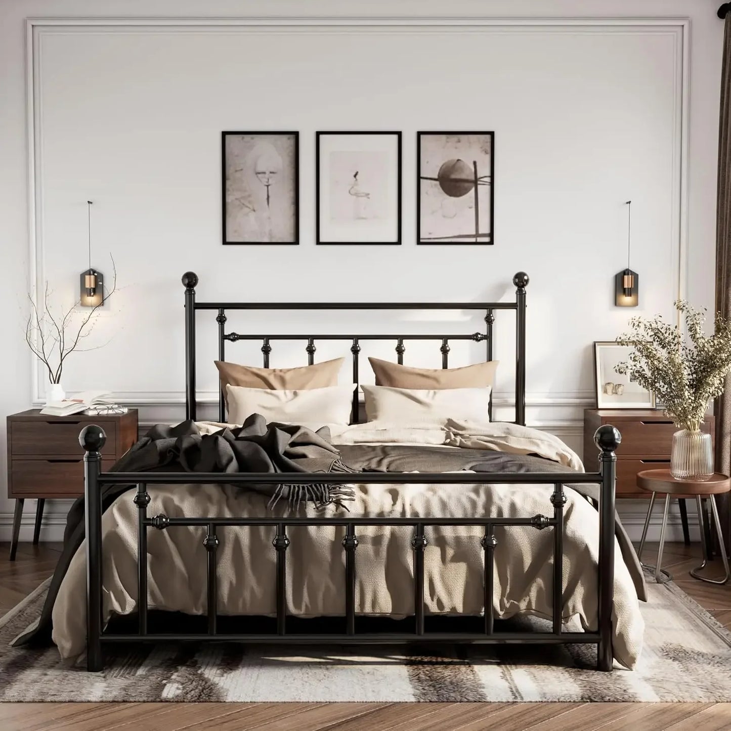 LUCY Victorian Style Metal Platform Bed Frame with Headboard and Footboard