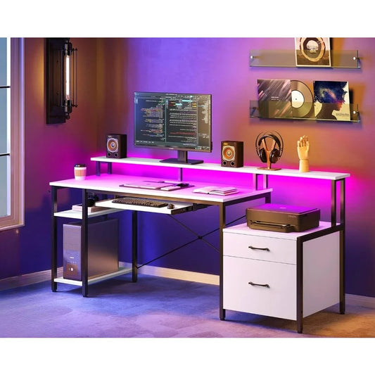 OLIVIA Gaming Desk with LED Lights & Power Outlets Storage Shelves- 63"W