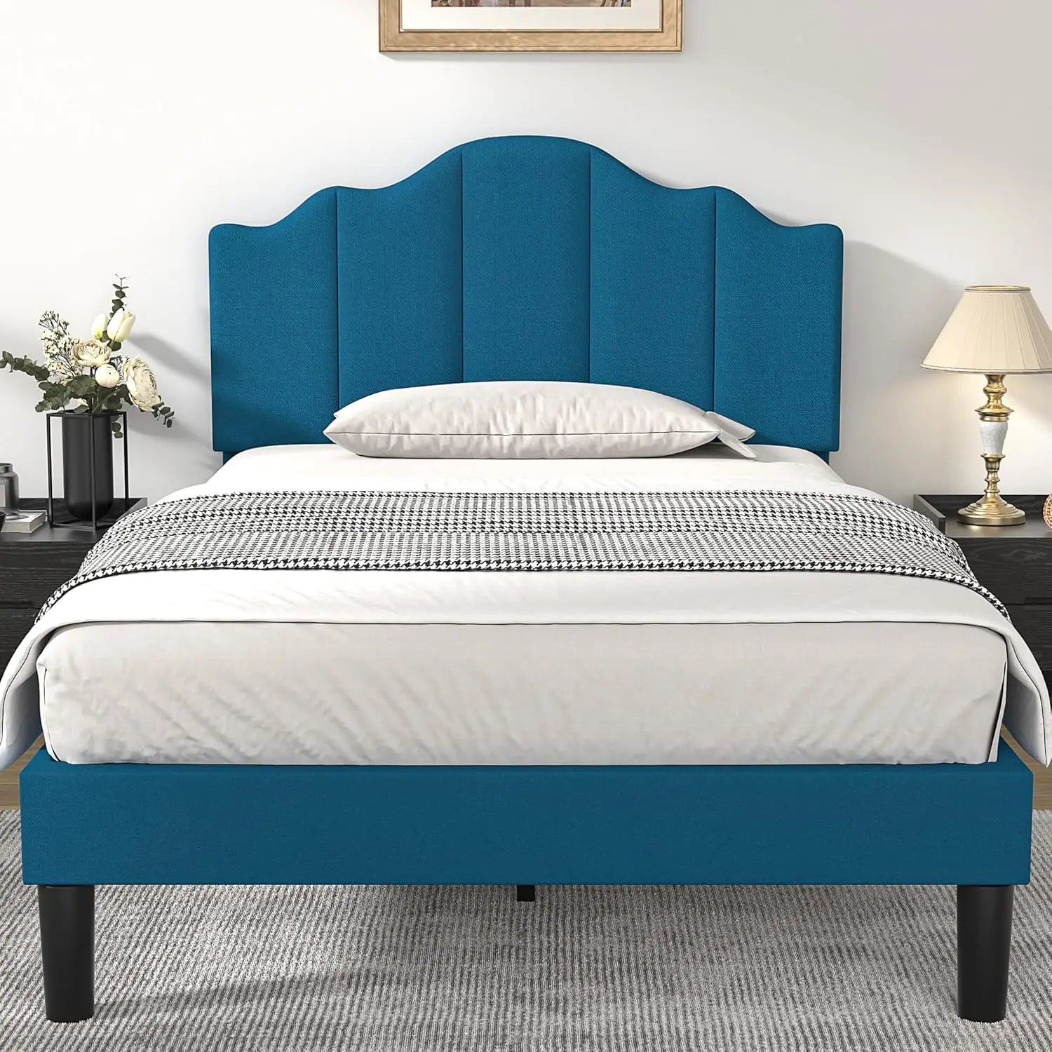 VIOLET Modern Curved Full Size Upholstered Platform Bed Frame 56'' Wide – Adjustable Headboard