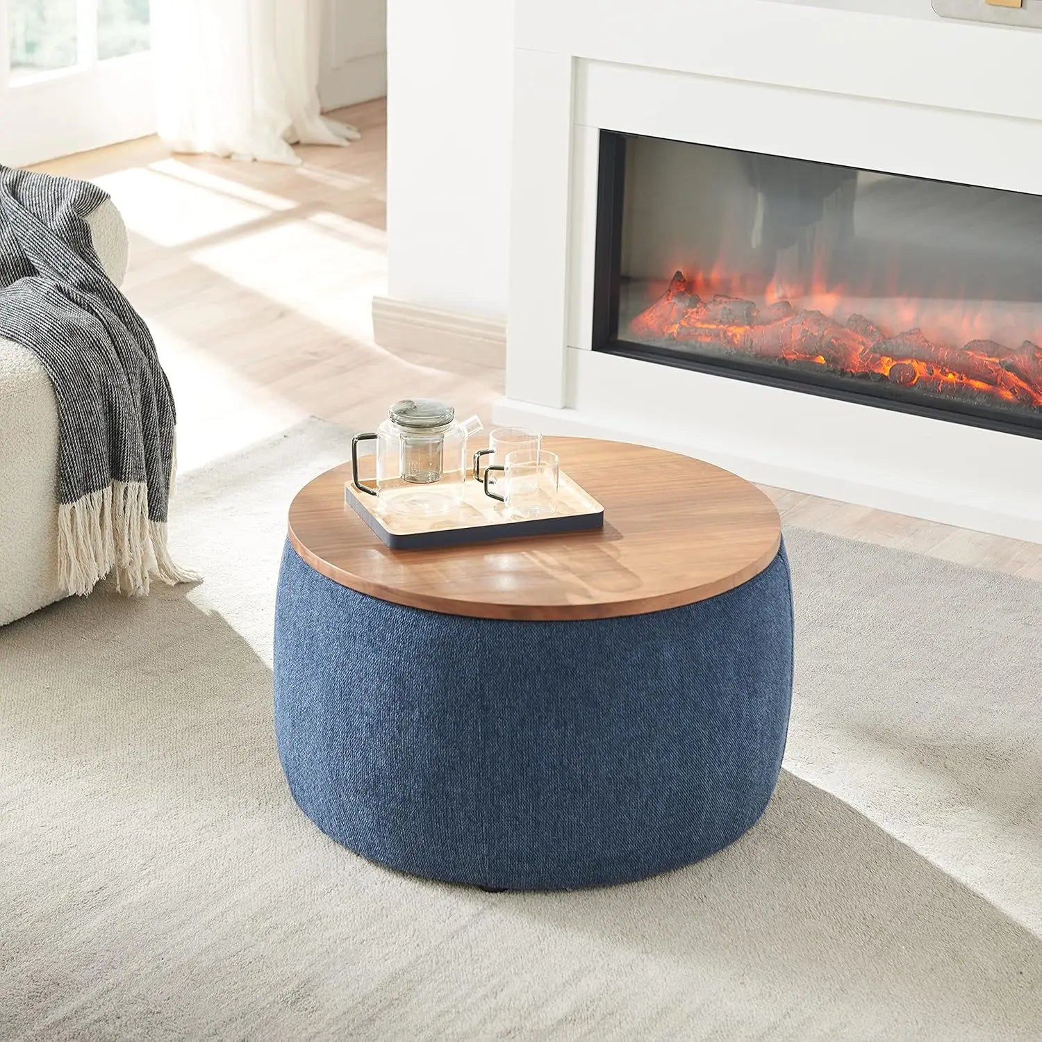 JUSTIN Modern Round Storage Ottoman with Wooden Lid – 25.5" W