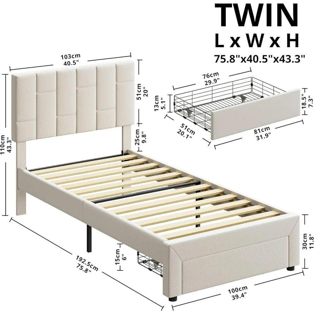 Andie Modern Upholstered Twin Platform Bed Frame with Storage Drawer 39.4'' Wide