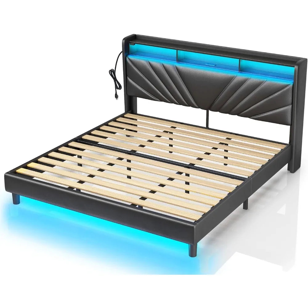 ZOEY Modern King Size Upholstered Bed Frame with LED Lights, Charging Station & Storage - 75.98''