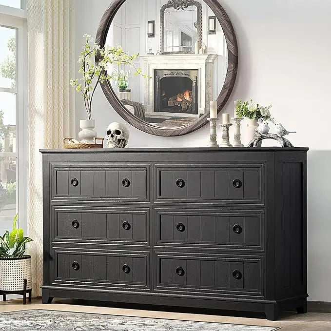 KAMILA Vintage Farmhouse 6-Drawer Wood Dresser - 54'' Wide