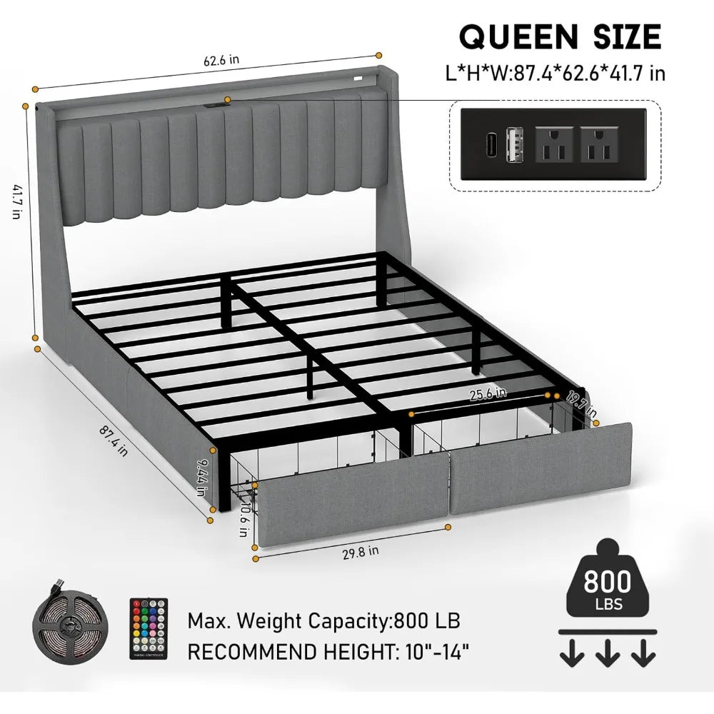 GIANNA Modern Upholstered Bed Frame with Storage Drawers, LED Headboard