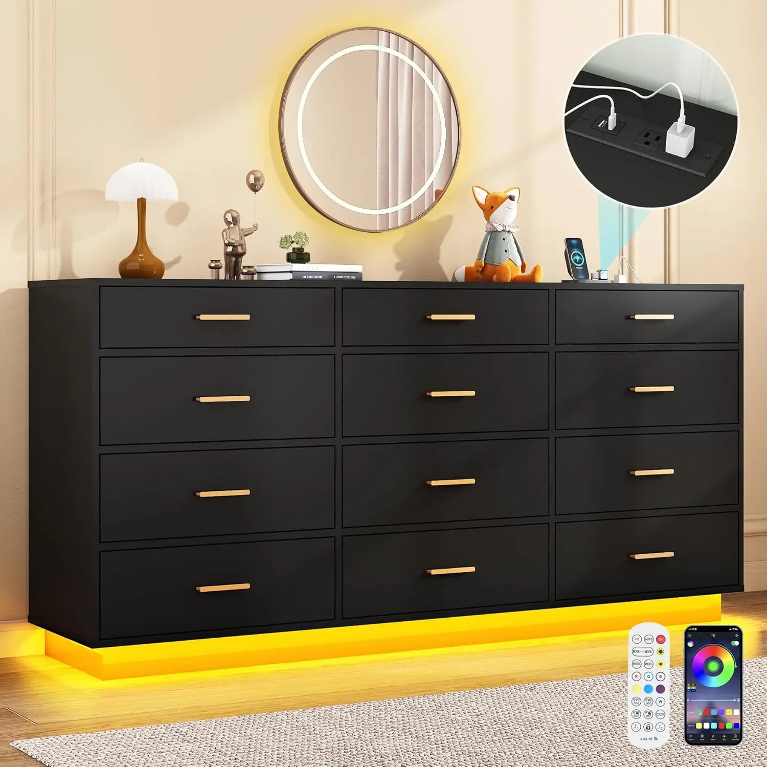 ELSIE Modern 12-Drawer Dresser with LED Lights & Power Outlet - 63'' Wide