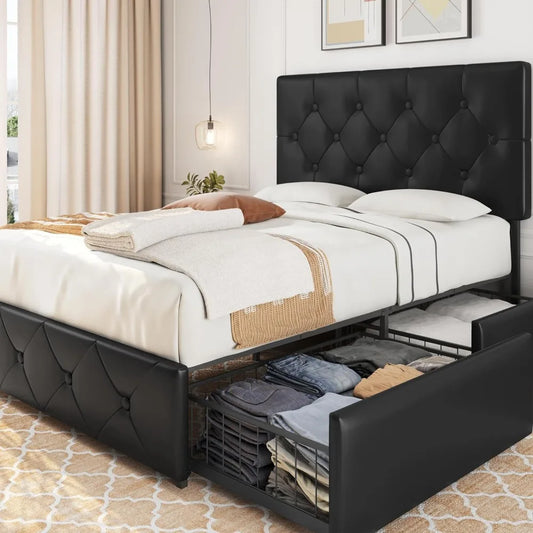 HARPER Modern Upholstered Platform Bed Frame with Storage Drawers, 59'' Wide, Faux Leather Design