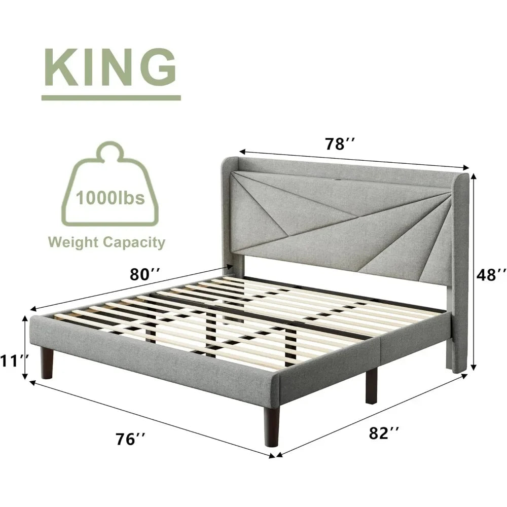 GRACE Modern Upholstered King Size Bed Frame with Charging Station & Storage Headboard – 76" Wide