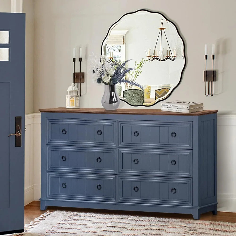 KAMILA Vintage Farmhouse 6-Drawer Wood Dresser - 54'' Wide