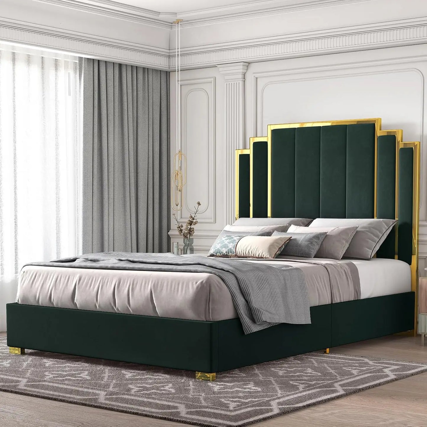 VALERIA Modern Queen Size Velvet Upholstered Bed Frame with 61" Gold Trim Headboard