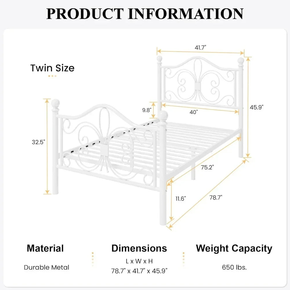 CLARA Butterfly Design Twin Metal Bed Frame – Elegant Headboard & Footboard | 41.7" Wide