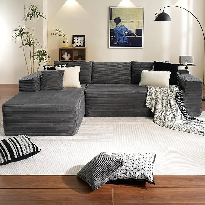 JAMESON Modern Plush Corduroy L-Shaped Cloud Sectional Sofa – Deep Seat Modular Couch | 105.7"W