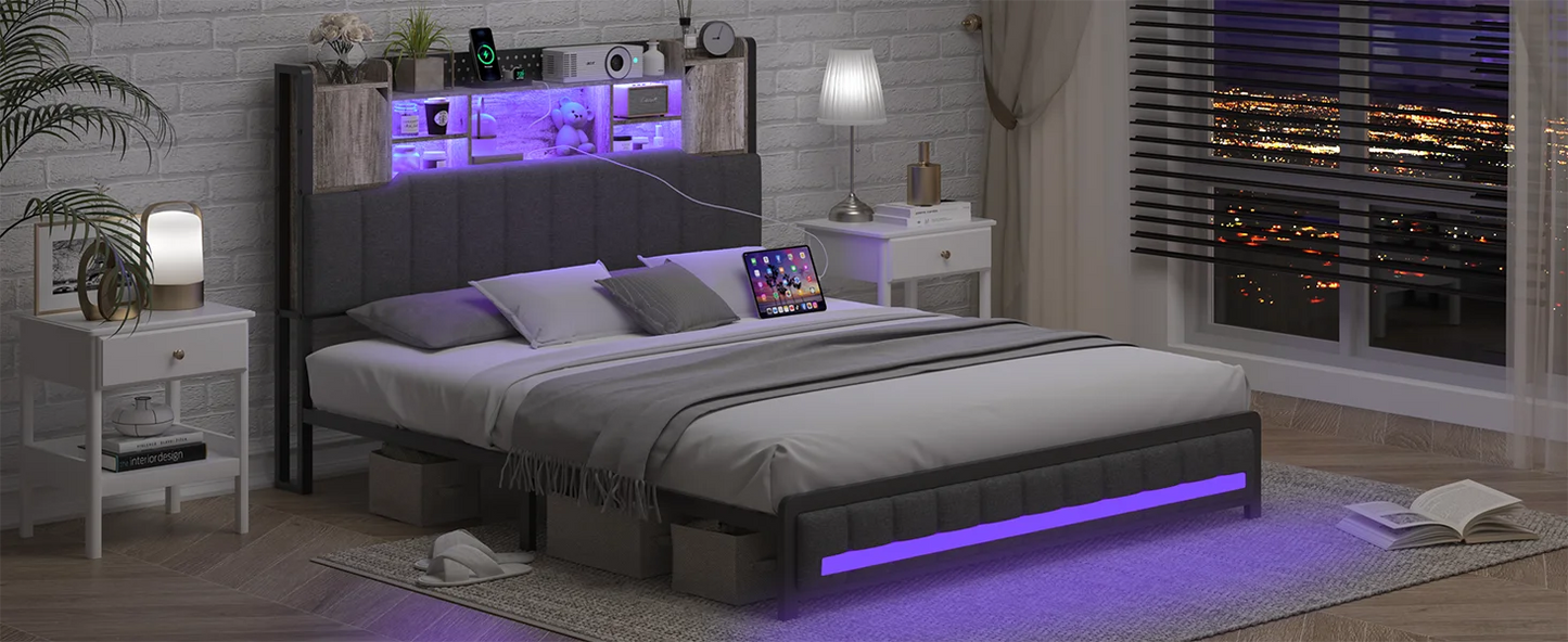 Aleyna Modern Queen 61.4" Wide Platform Bed Frame with LED Lights and Hidden Storage Headboard