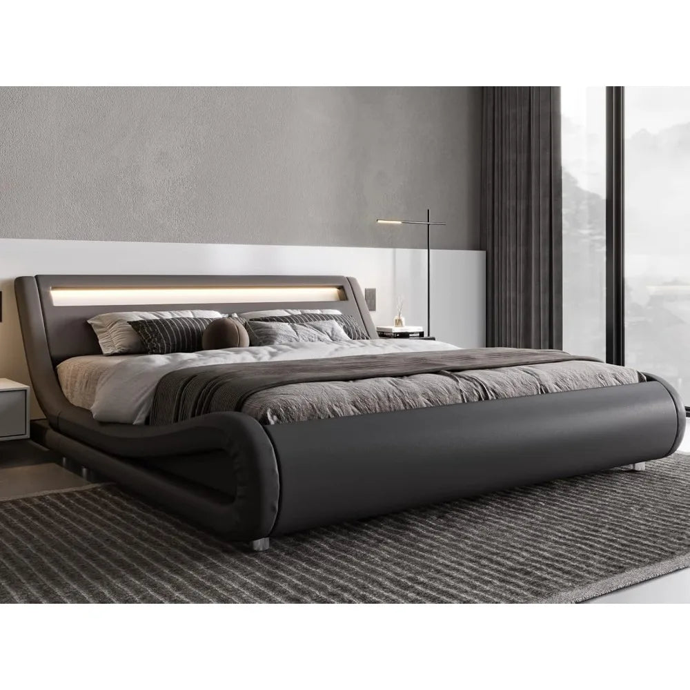 EVELYN Zeroni Modern LED Platform Bed Frame – Faux Leather Queen Bed 66.54'' Wide