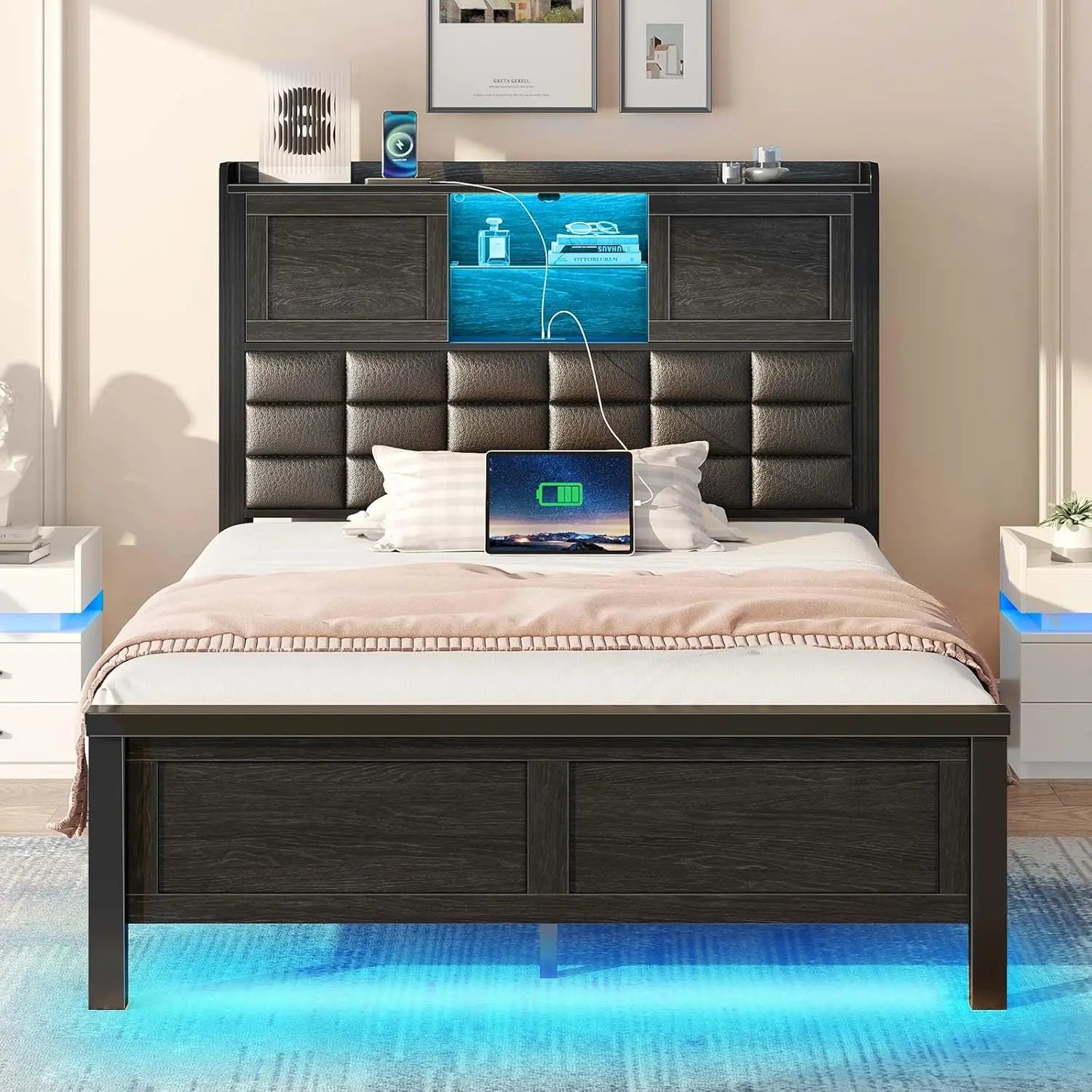 VALENTINA Modern Full-Size Bed Frame with Bookcase Headboard & LED Light