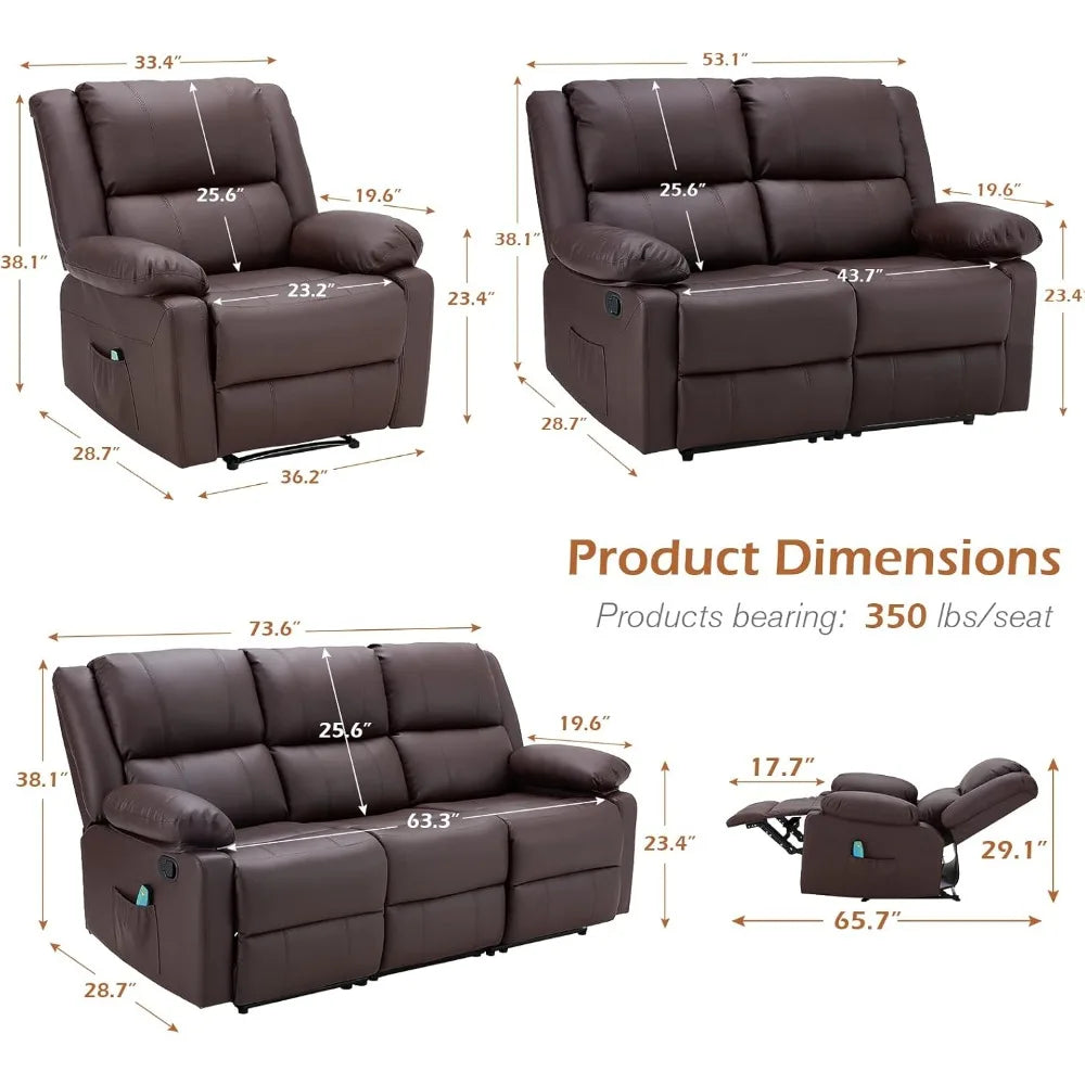 ADAM 3-Piece Recliner Sofa Set with Massage & Heat, Faux Leather-36.2" W