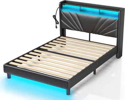 ZOEY Modern King Size Upholstered Bed Frame with LED Lights, Charging Station & Storage - 75.98''