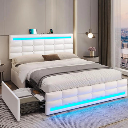 Maeve Modern Queen Bed Frame with Adjustable LED Headboard and Storage Drawers