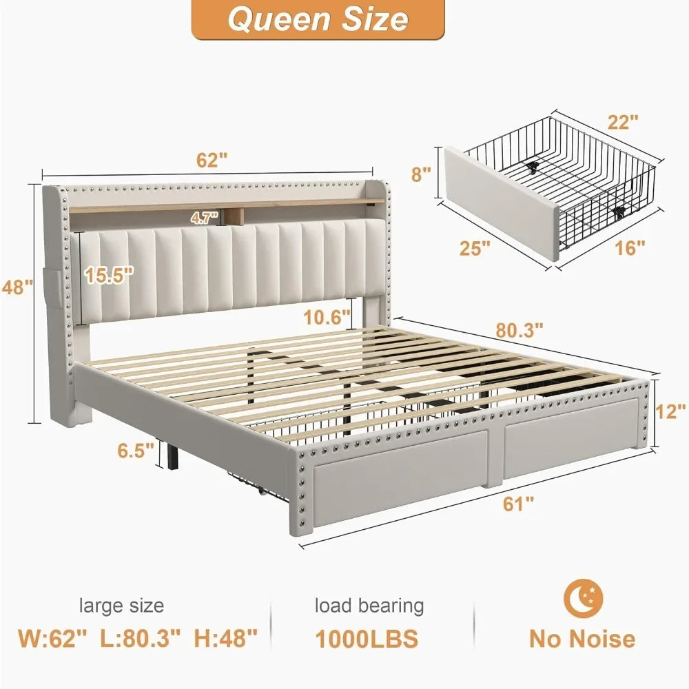 NAOMI Modern Upholstered Queen Bed Frame with Storage Drawers & Headboard - 62'' Wide