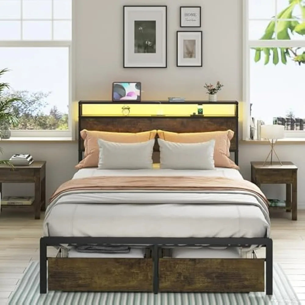 EVERLY Modern Rustic LED Bed Frame with Storage Drawers & Charging Station - 60.2''