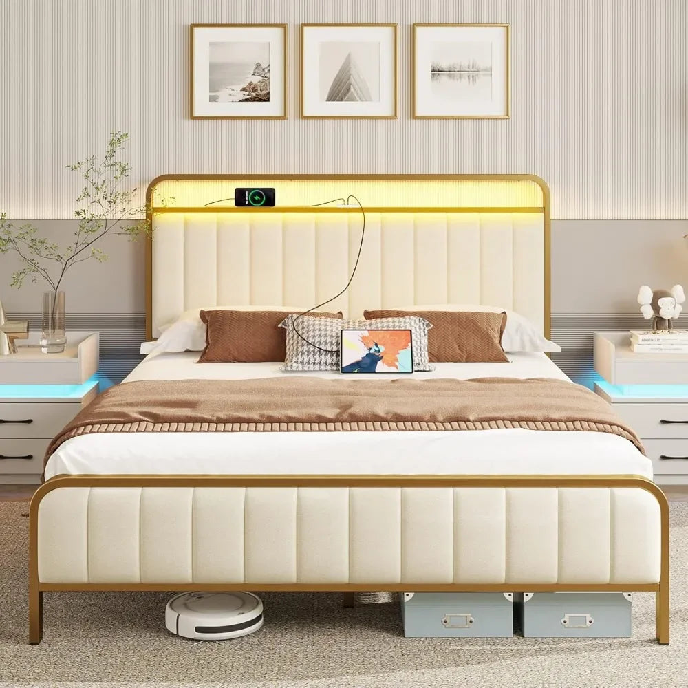 HANNAH Modern Queen Size Bed Frame with LED Headboard, Charging Station & Storage