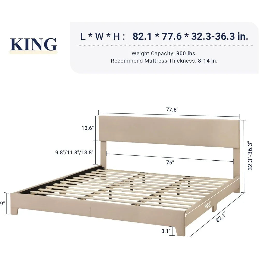 WILLOW Modern Upholstered King Size Platform Bed Frame – Adjustable Headboard