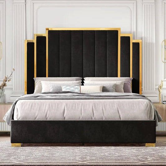 KENNEDY Modern Velvet Upholstered Platform Bed Frame with 65" Gold Trim Headboard