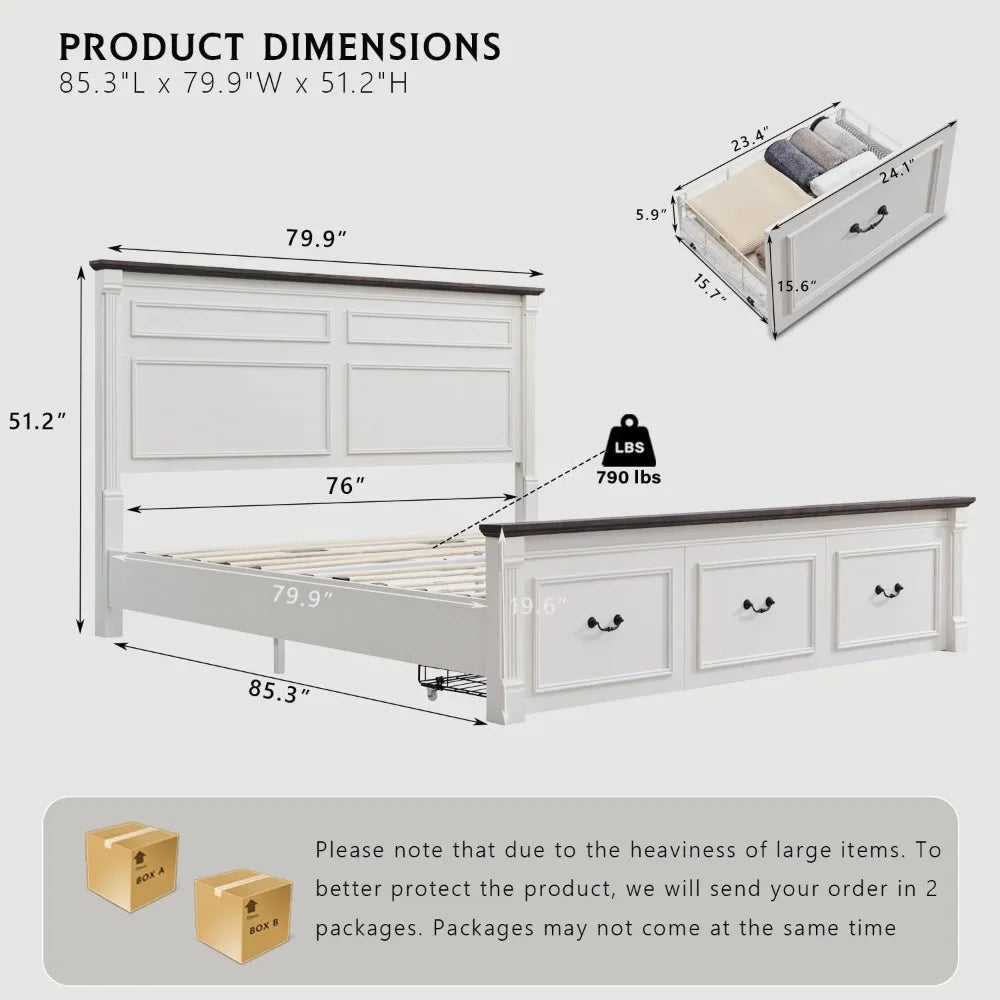 LAYLA Farmhouse Wood Platform Bed Frame with 51'' Tall Headboard & 2 Storage Drawers - 79.9'' Wide