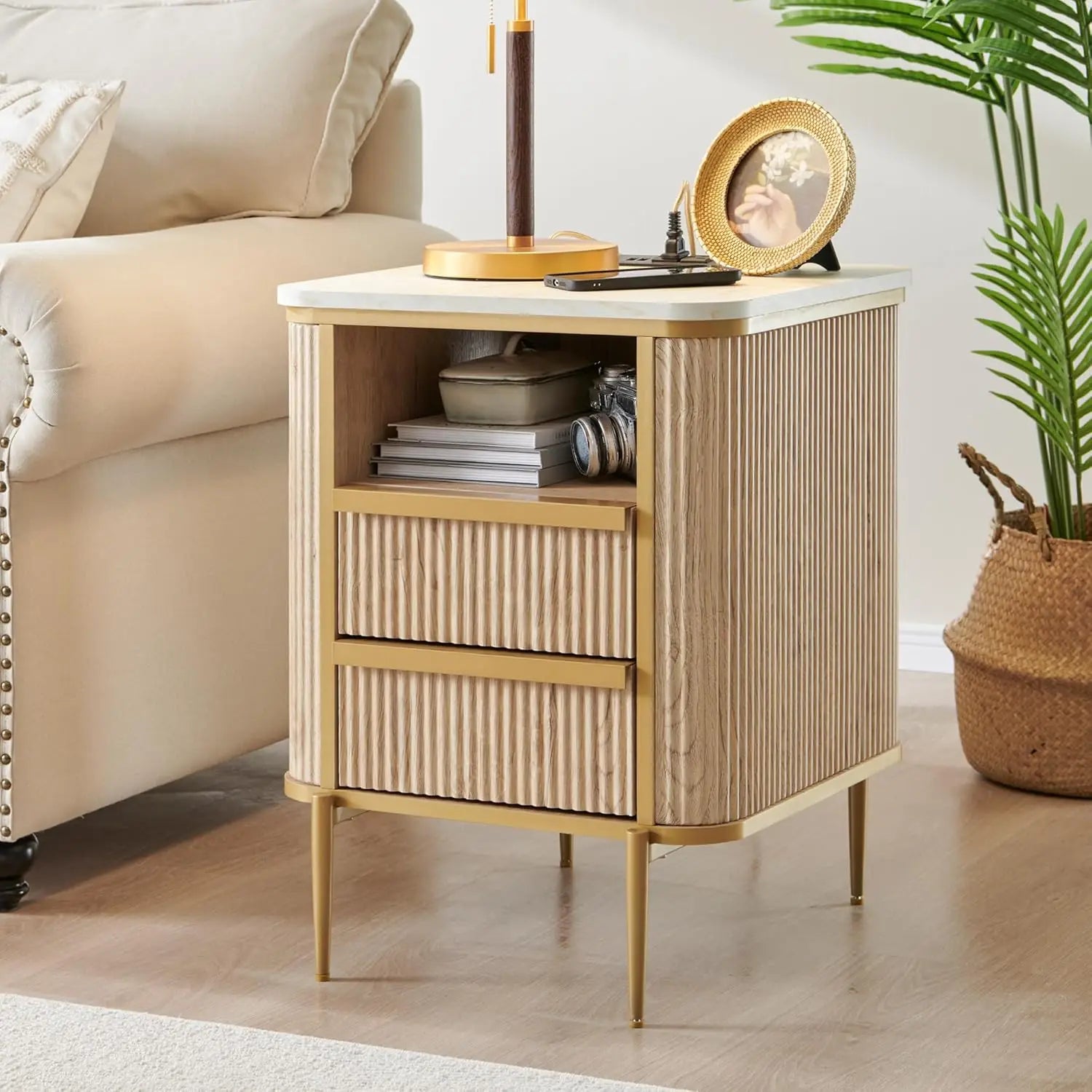 NINA Luxury End Table with Charging Station, Faux Marble Top & Gold Accents - 18''