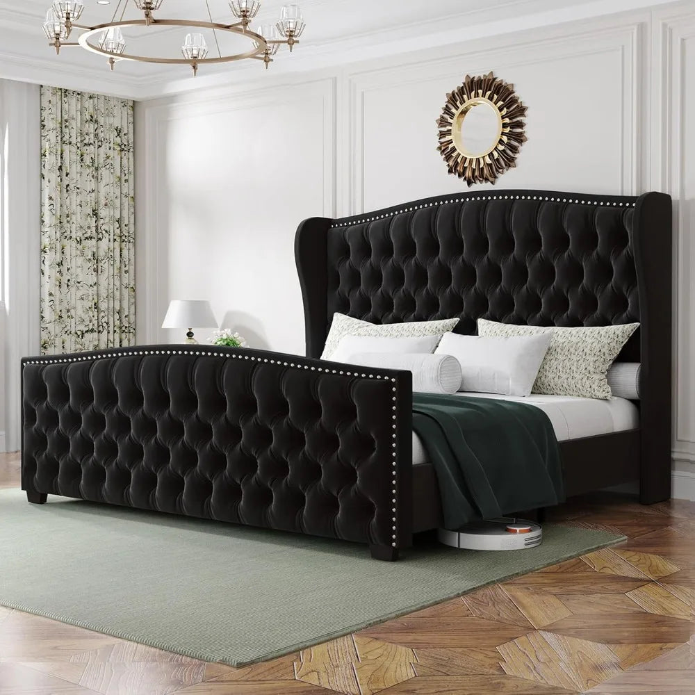 AUDREY Elegant Velvet Wingback Upholstered Bed Frame with Handmade Tufted Headboard - 60''