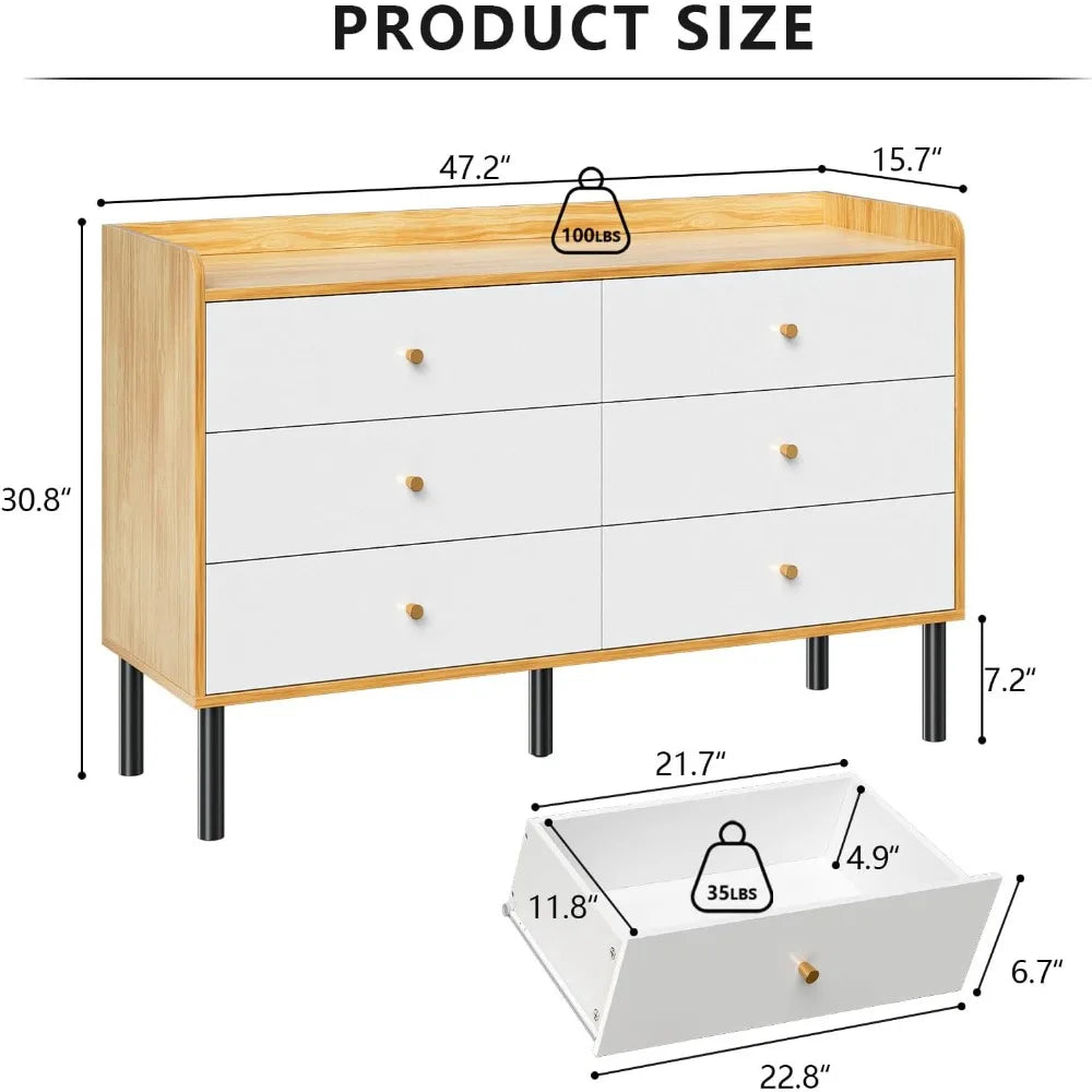 NORAH Modern Industrial 6-Drawer Wood Dresser - 47'' Wide Bedroom Storage Cabinet