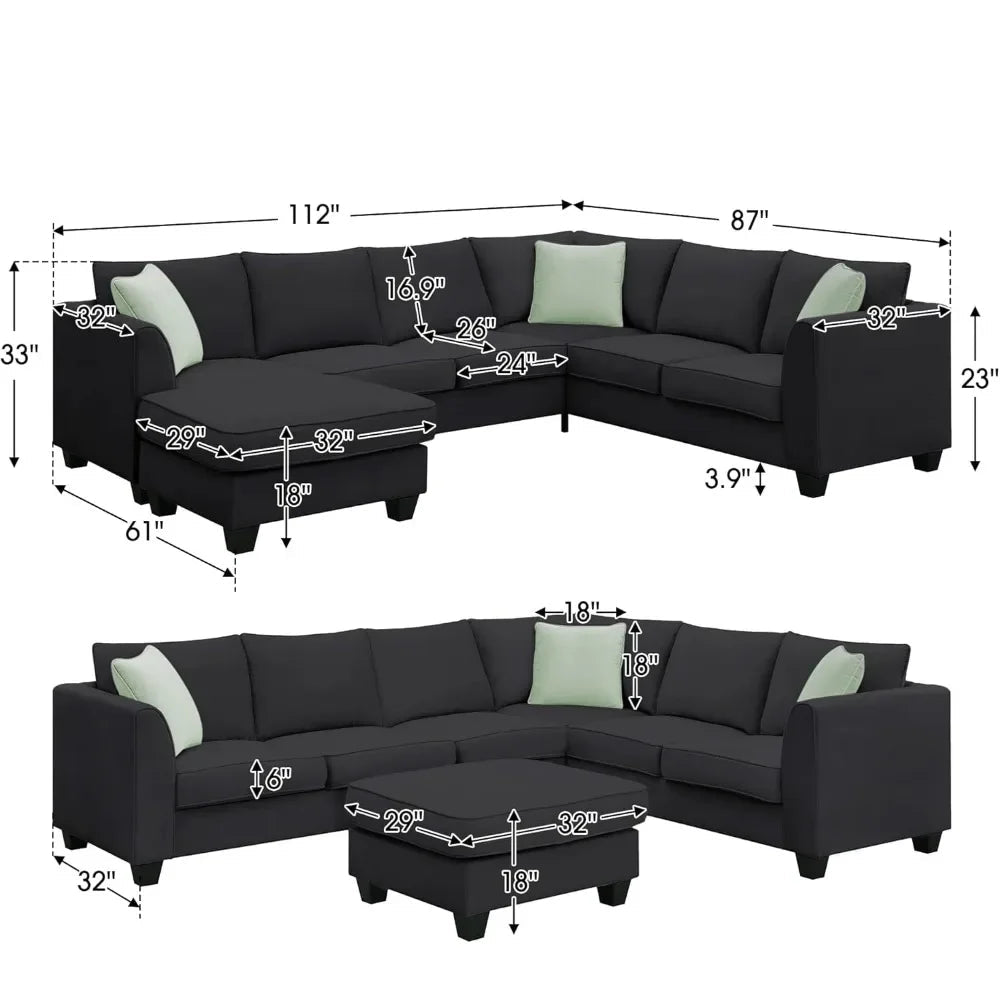 BAILEY Modern Minimalist U-Shaped Fabric Sectional Sofa – Living Room Couch, 112"W