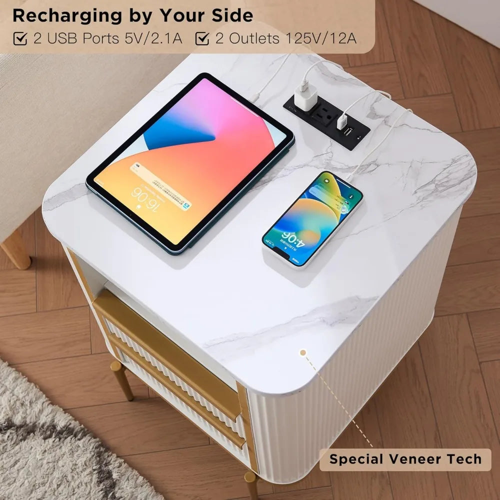 NINA Luxury End Table with Charging Station, Faux Marble Top & Gold Accents - 18''