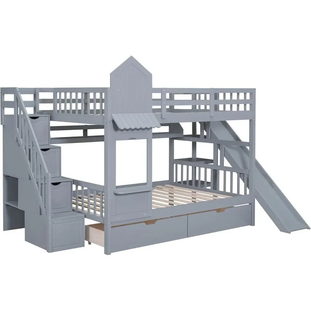 PEYTON Castle Style Wooden Twin Over Twin Bunk Bed with Stairs, Slide & Storage