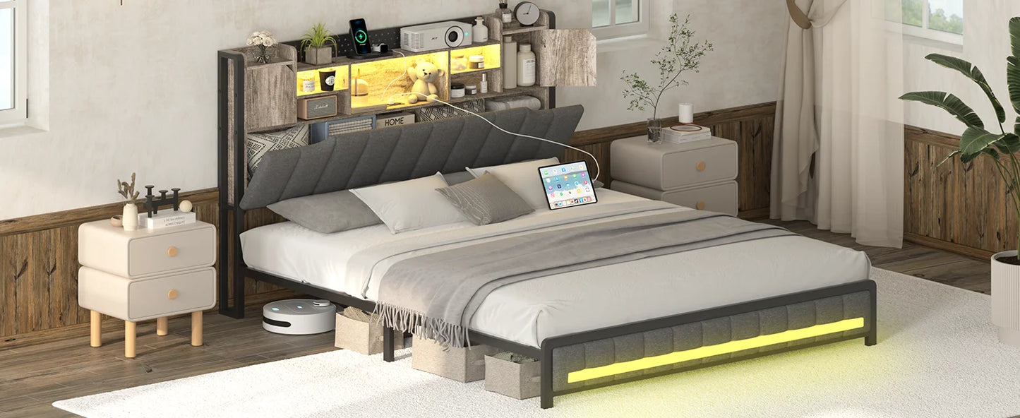 Aleyna Modern Queen 61.4" Wide Platform Bed Frame with LED Lights and Hidden Storage Headboard