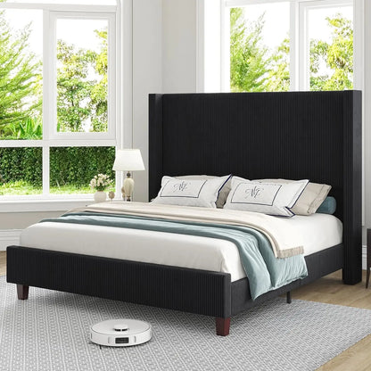 AYLA Modern Corduroy Upholstered Platform Bed Frame – 61" Vertical Stripe Wingback Headboard