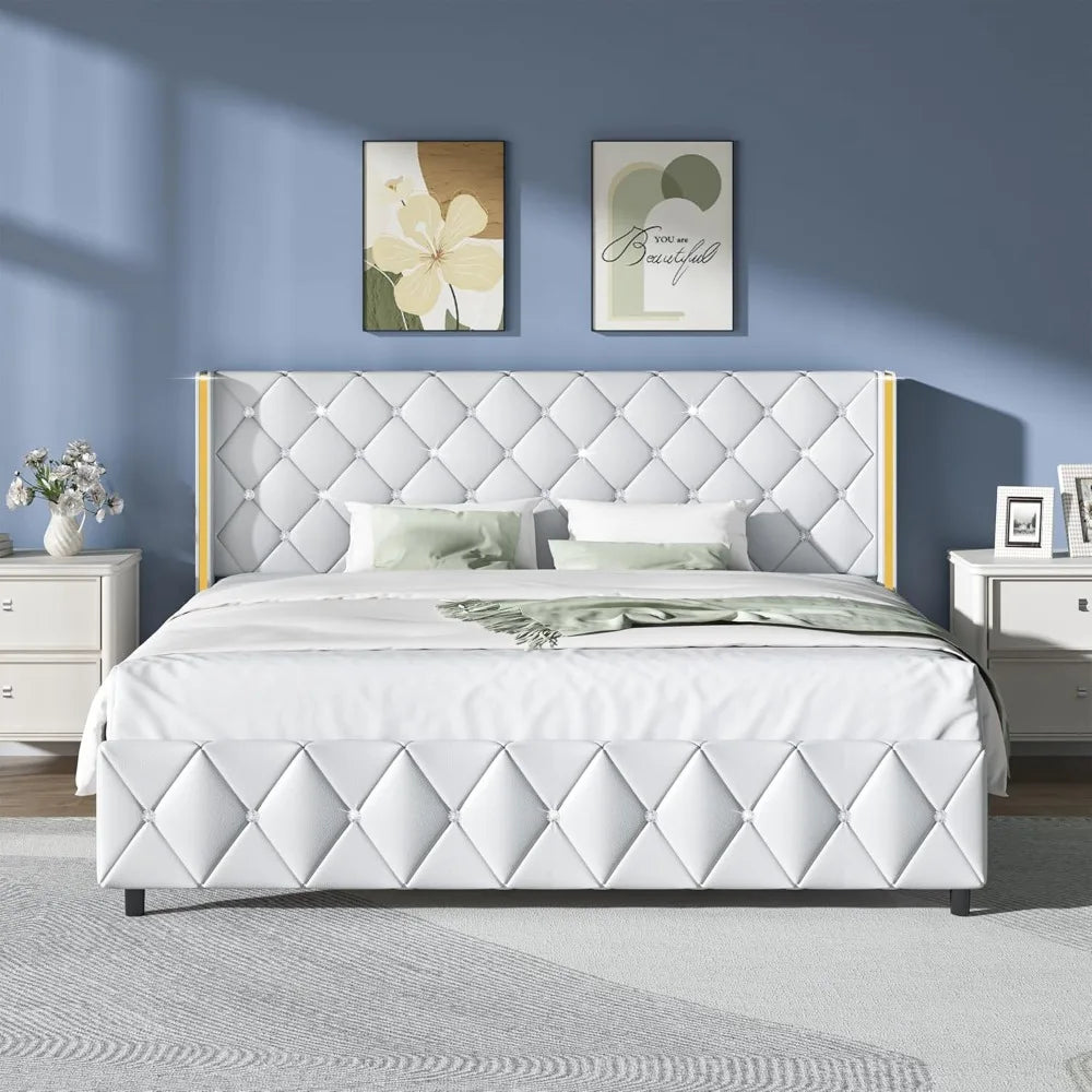 NATALIA Modern Diamond Tufted Faux Leather King Bed Frame – 76.4" Wide