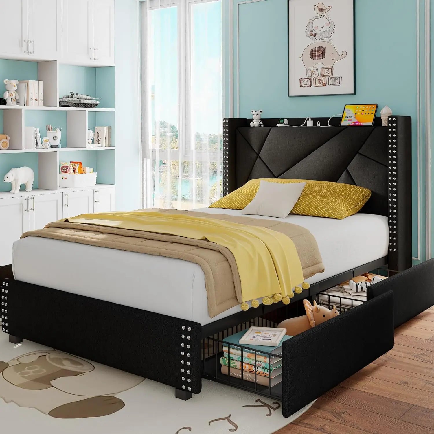 ISABELLA Arelia Modern Upholstered Platform Bed Frame 39.3'' Wide with 4 Storage Drawers and Charging Station