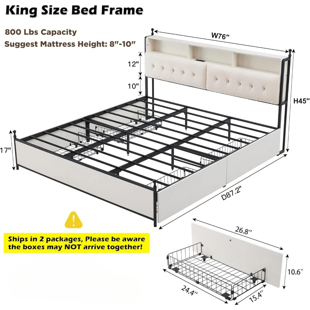 MILLIE Farmhouse King Storage Bed – Upholstered Headboard, LED Lights & Drawers | 76" Wide