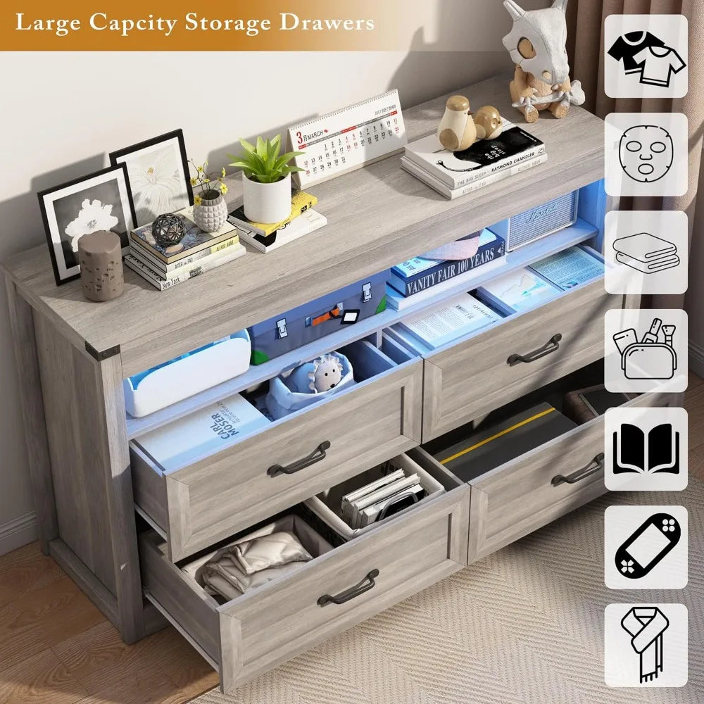 EVIE Rustic LED Bedroom Dresser – 4 Drawer Wooden Storage Chest with Open Shelf | 47.2'' W