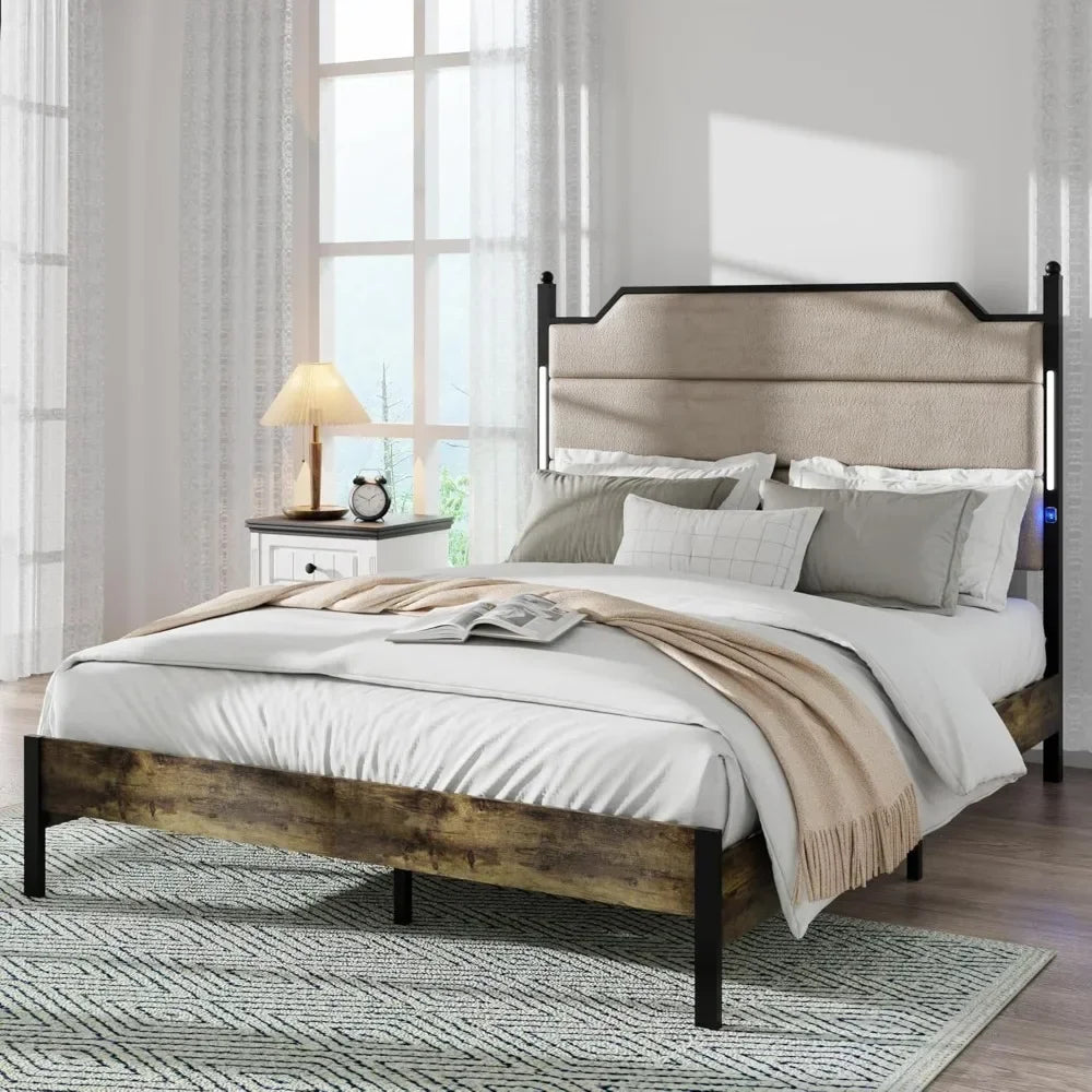 EMILIA Rustic Queen Size Metal & Upholstered Platform Bed Frame – LED Headboard, Underbed Storage