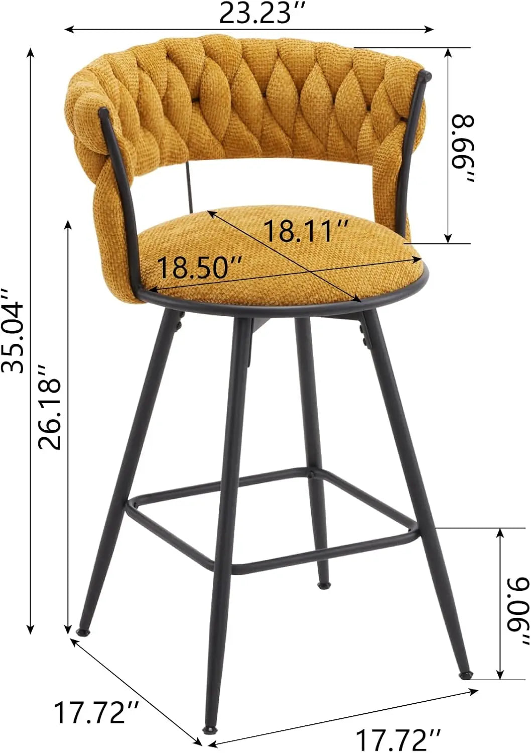 26 inch Bar Stool Set of 2, 360° Swivel Counter Barstool with Backrest, Upholstered Hand-Woven Barstool, Modern Bar Chair