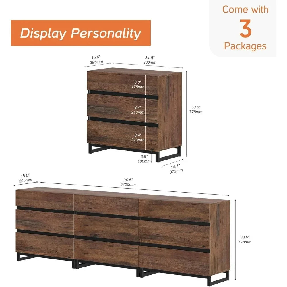 ADA Modern Walnut Grain 9-Drawer Dresser - 94.5" Wide Bedroom Storage Unit