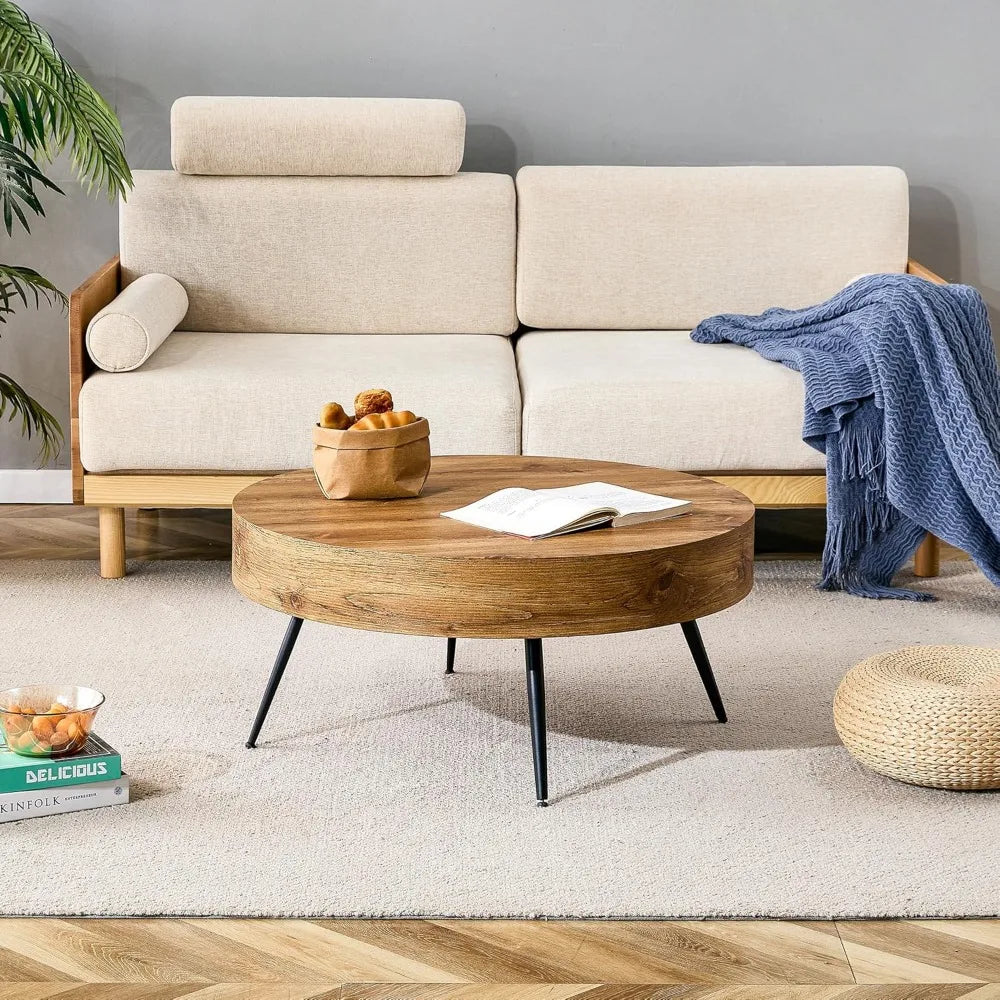 LAN Wooden Round Coffee Table with Metal Legs-31.5" W