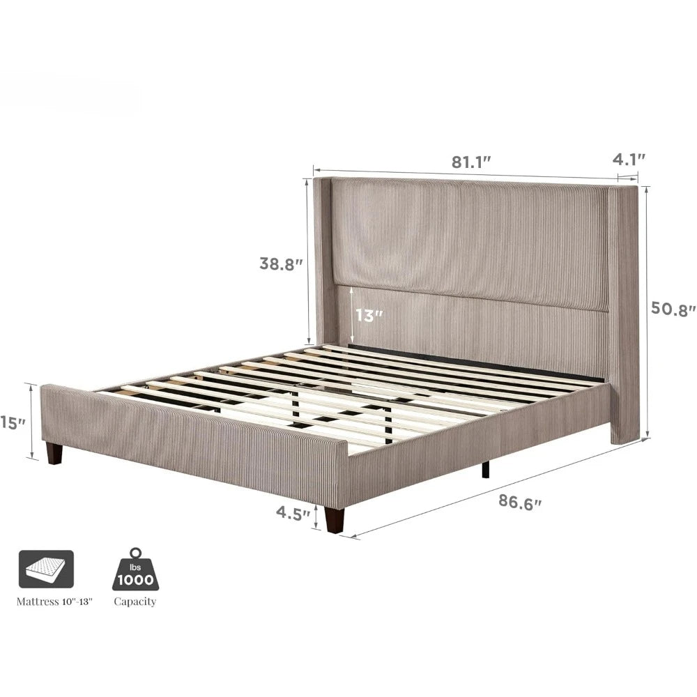 ABIGAIL Modern Queen Platform Bed Frame - 50.8" Corduroy Upholstered Wingback Design