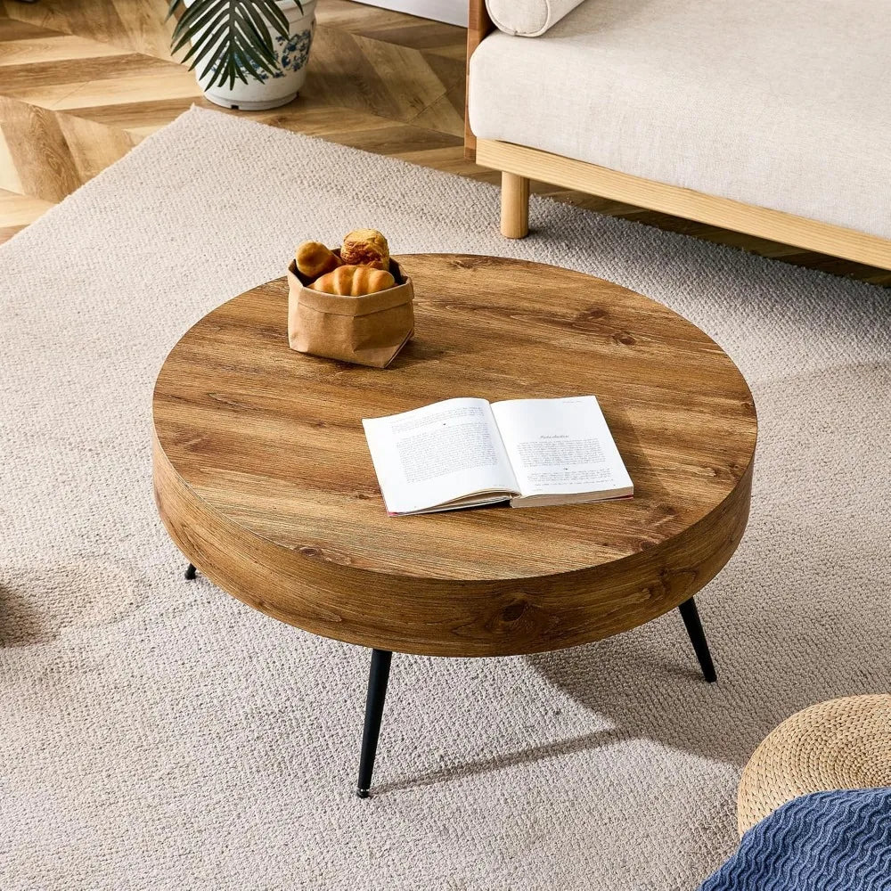 LAN Wooden Round Coffee Table with Metal Legs-31.5" W